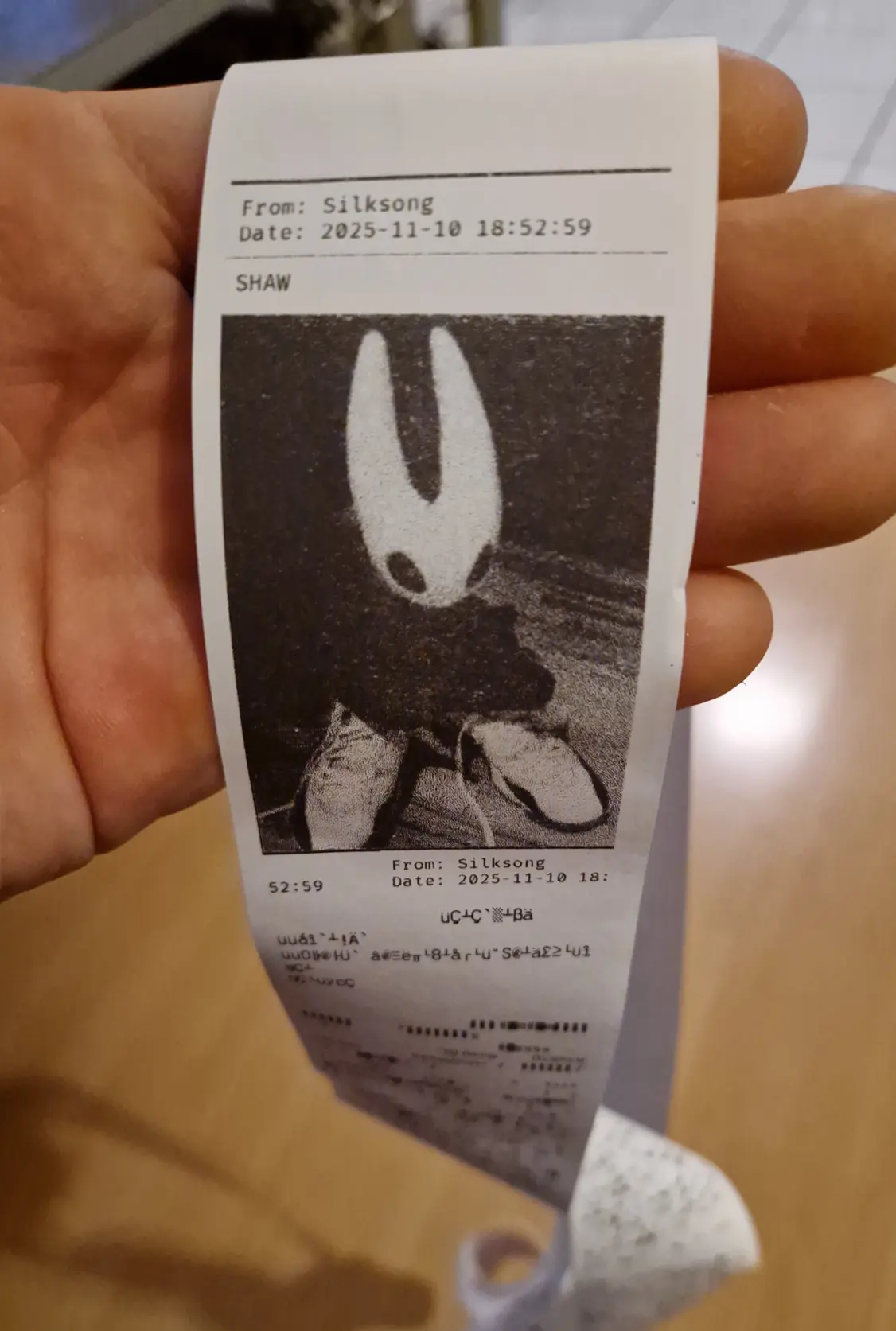 Receipt printer with a sample print.